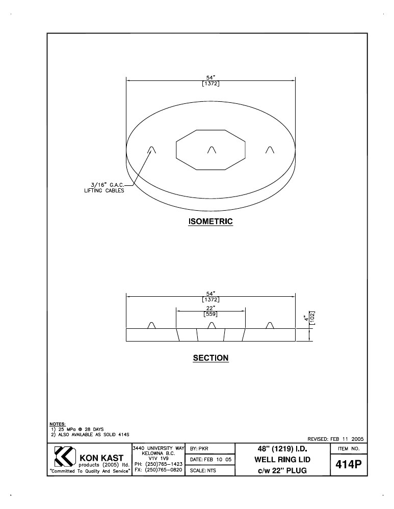 Technical drawing: 1220 I.D. (48") Well Ring Lid c/w Plug