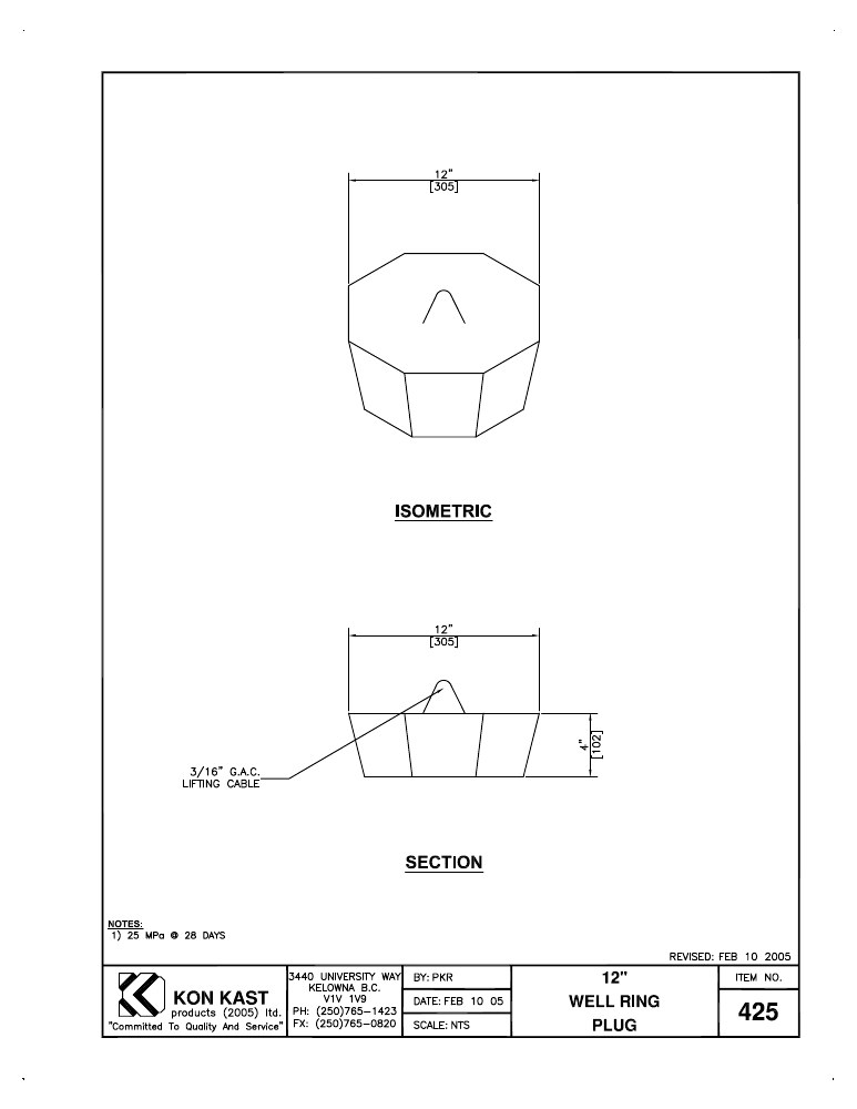 Technical drawing: 305 (12") Well Ring Lid Plug