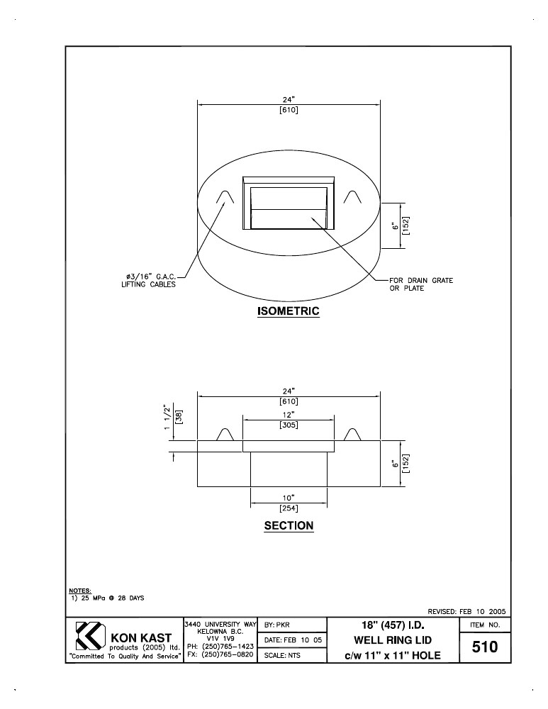 Technical drawing: 457 I.D. (18") Well Ring Lid c/w 11" x 11" Hole