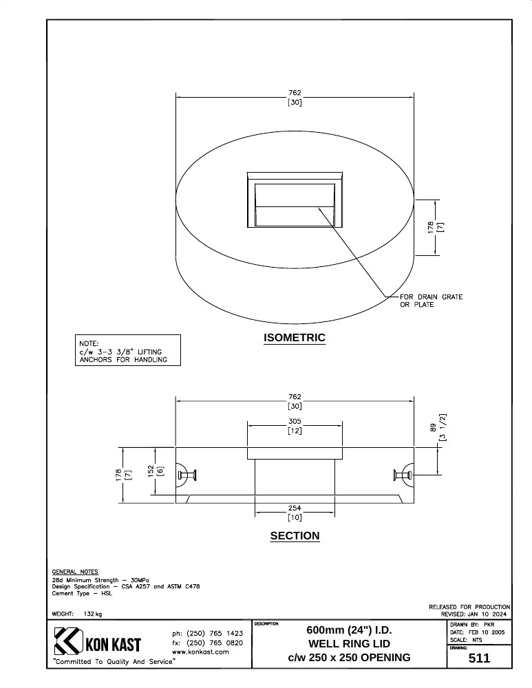 Technical drawing: 610 I.D. (24") Well Ring Lid c/w 11" x 11" Hole