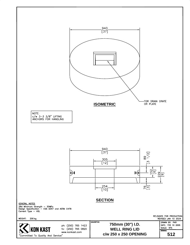 Technical drawing: 762 I.D. (30") Well Ring Lid c/w 11" x 11" Hole