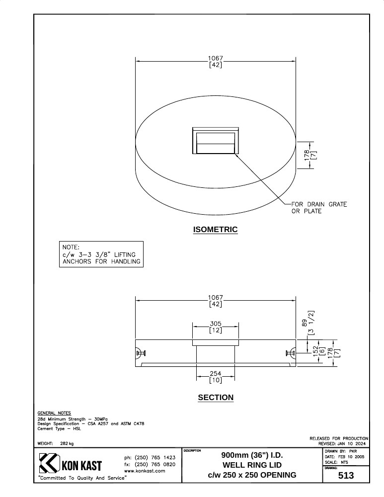 Technical drawing: 914 I.D. (36") Well Ring Lid c/w 11" x 11" Hole