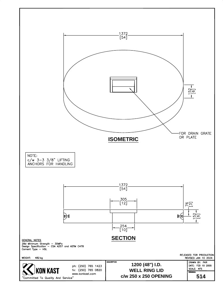 Technical drawing: 1220 I.D. (48") Well Ring Lid c/w 11" x 11" Hole